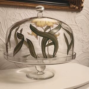 Vintage 12" Diameter Pedestal Cake Plate Glass & Painted Flower Glass Dome Lid